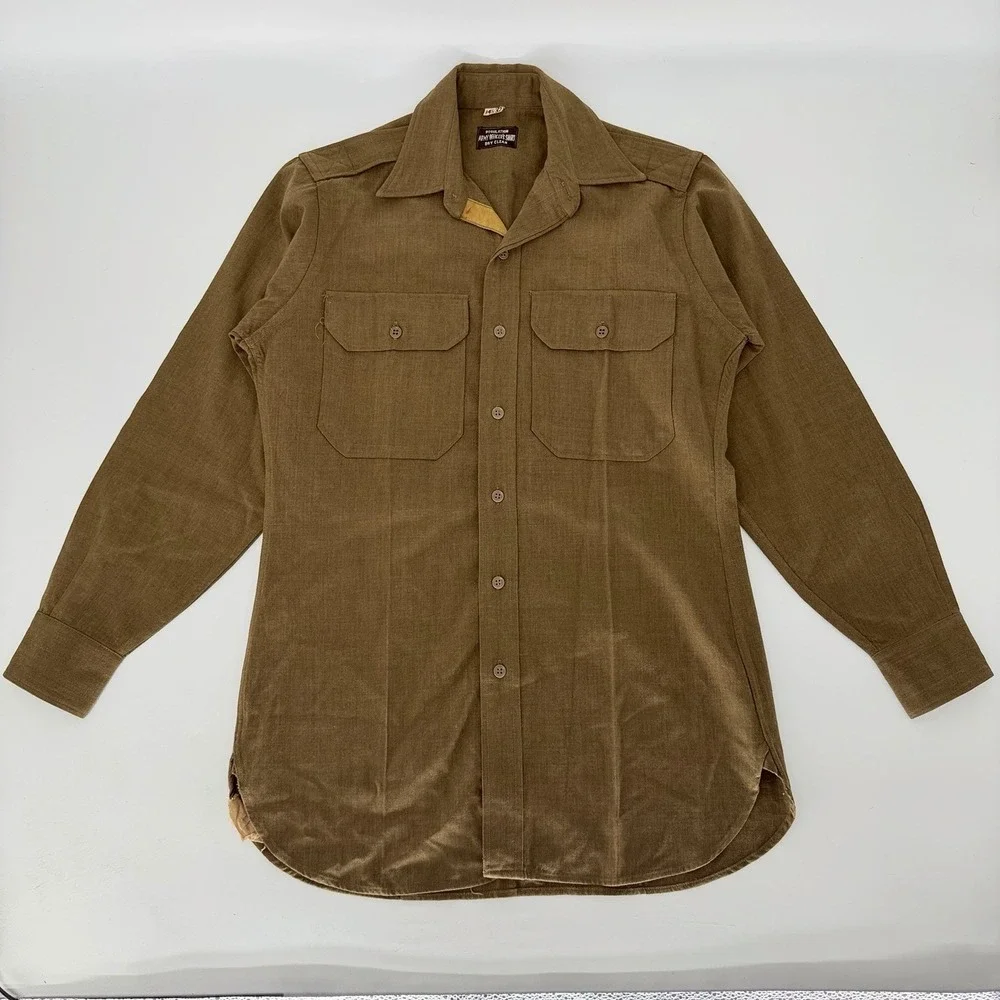 Vintage WWII US Army Officer Wool Shirt Brown Olive 14.5x32 Military